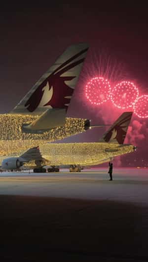 Fireworks Display at Airport in a fake-out-of-home ad of Qatar Airways 