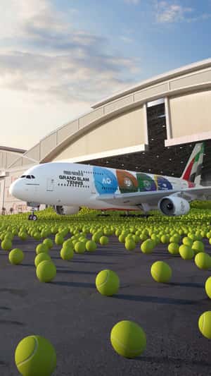 Airplane Pushes Through Tennis Balls in a fake-out-of-home ad of Emirates 