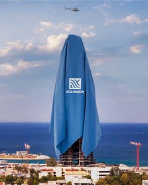 Tower Covered in Giant Cloth in a fake-out-of-home ad of The Ellinikon