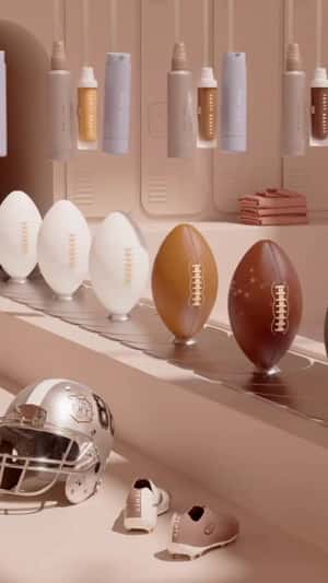 Footballs Sprayed on Conveyor Belt in a fake-out-of-home ad of Fenty Beauty