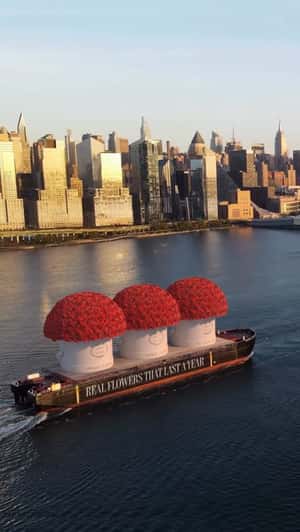 Giant Canisters on Hudson River in a fake-out-of-home ad of Venus et Fleur
