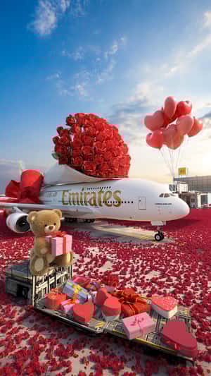Plane Takes Off With Giant Bouquet in a fake-out-of-home ad of Emirates