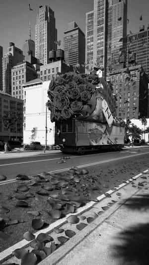 Giant Bouquet Atop Truck in a fake-out-of-home ad of Meshki