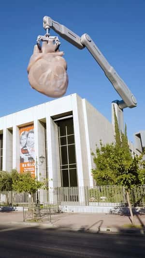Giant Beating Heart Sculpture in a fake-out-of-home ad of Hygeia Hospital