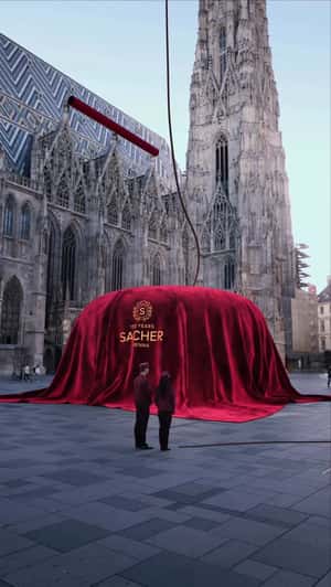 Giant Cake and Banner Reveal in a fake-out-of-home ad of Sacher