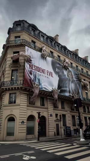 Giant Zombie Hands Hold Banner in a fake-out-of-home ad of Capcom