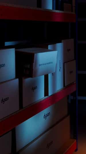 Boxes Shake in Warehouse in a fake-out-of-home ad of Dyson