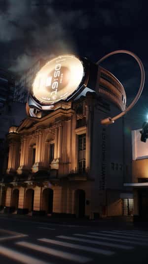 Giant Watch Illuminates Teatro Renault in a fake-out-of-home ad of Huawei