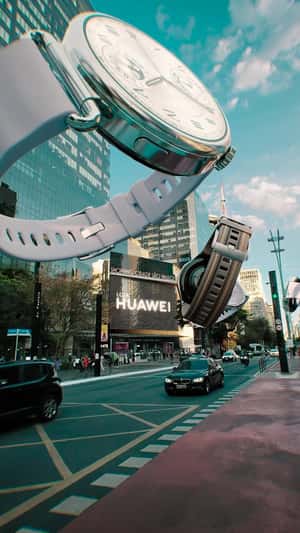 Giant Watches Float Along Cycling Lane in a fake-out-of-home ad of Huawei