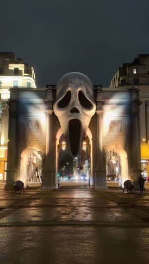 Giant Ghostface on Marble Arch in a fake-out-of-home ad of Paramount