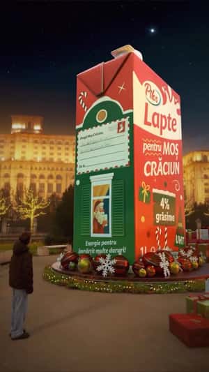Giant Milk Carton Spinning on Platform in a fake-out-of-home ad of Lidl