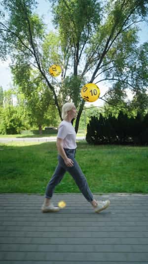 Woman Engages with Floating Number Balls in a fake-out-of-home ad of Lotto