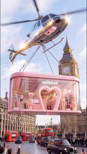 Helicopter Airlifts Store Over London in a fake-out-of-home ad of Edikted
