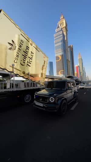 Golden Ticket Arrival by Truck in Dubai in fake-out-of-home ad of Adidas
