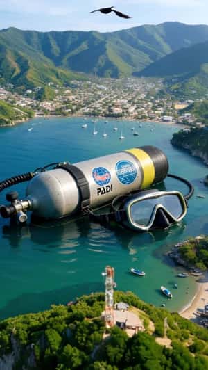 Giant Scuba Tank and Mask on Water in a fake-out-of-home ad of Divanga Hostel