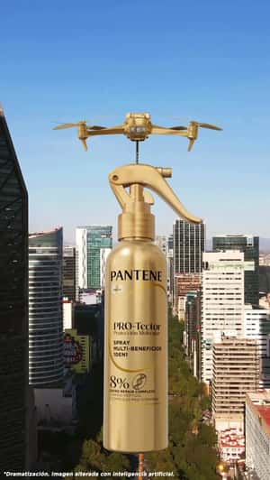 Giant Drone Carrying Giant Bottle in a fake-out-of-home ad of Pantene