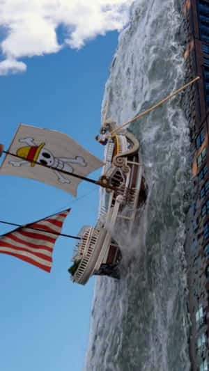 Ship Ascends Building Facade in a fake-out-of-home ad of One Piece