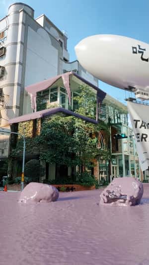 Giant Taro Bursts Into Street in a fake-out-of-home ad of Chicha San Chen