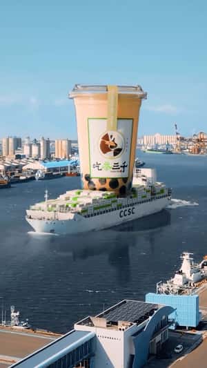 Giant Bubble Tea Reveal on Ship in a fake-out-of-home ad of Chicha San Chen