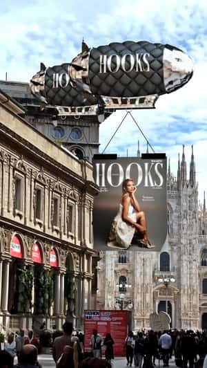 Blimps Fly Over Duomo di Milano in a fake-out-of-home ad of Hooks Magazine