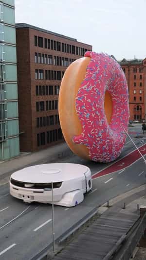 Cleans Giant Donut Chaos on Street in a fake-out-of-home ad of Narwal Robot