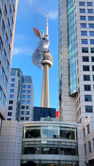 Giant Bunny Hangs Off CN Tower in a fake-out-of-home ad of Toronto Culture