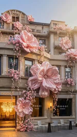 Giant Pink Flowers Bloom on Store Facade in a fake-out-of-home ad of Moooi