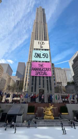 Giant Post-Its on Rockefeller Center in a fake-out-of-home ad of NBCUniversal