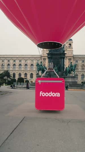 Hot Air Balloon Delivery in fake-out-of-home ad of Foodora