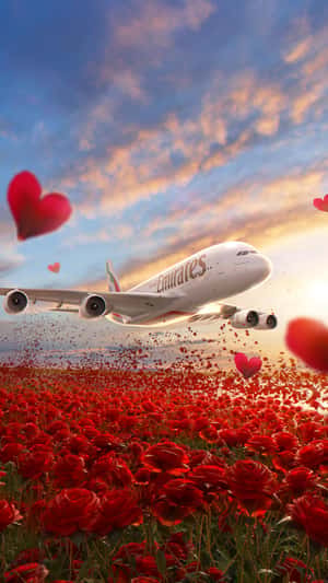 Plane Glides Over Field of Roses in a fake-out-of-home ad of Emirates