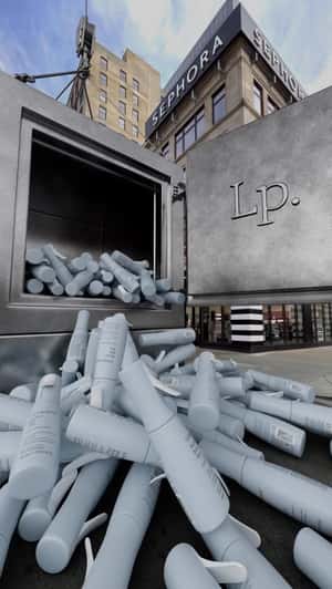 Vault Opens to Spill Spray Bottles in a fake-out-of-home ad of Living Proof