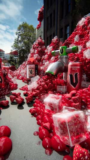 Street Overflowing With Strawberries in a fake-out-of-home ad of V Energy