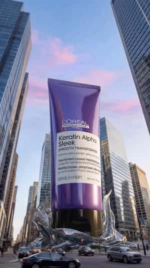 Building Unwraps to Reveal Giant Bottle in a fake-out-of-home ad of L'Oréal Professionnel Paris