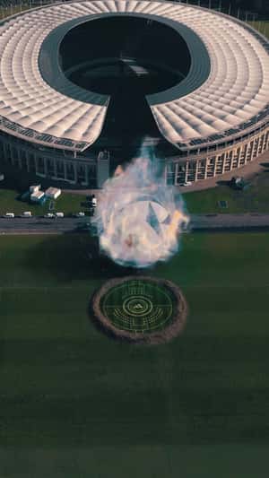 Blazing Football Outside Stadium in fake-out-of-home ad of Adidas