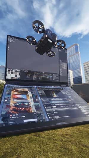 Drone Emerges From Giant Laptop in a fake-out-of-home ad of The Republic of Gamers