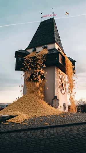 Pasta Spills From Graz Clock Tower in a fake-out-of-home ad of Vapiano