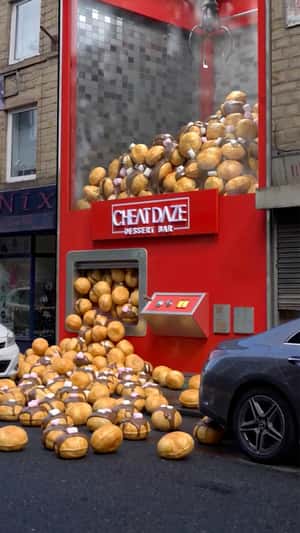 Claw Machine Spills Waffle Balls in a fake-out-of-home ad of Cheat Daze