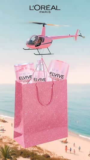 Giant Bag Carried by Helicopter in a fake-out-of-home ad of L’Oréal Paris