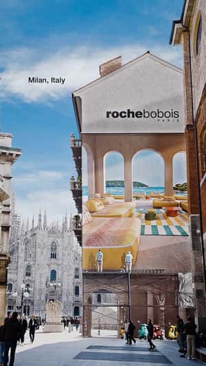 Outdoor Set Painted on Building in a fake-out-of-home ad of Roche Bobois