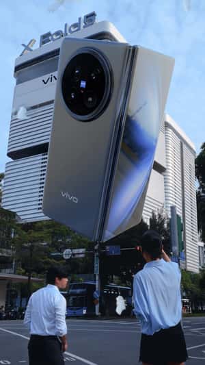 Giant Phone Unfolds From Building in a fake-out-of-home ad of Vivo