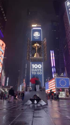 Facade Opens to Reveal Giant Trophy in a fake-out-of-home ad of Ryder Cup