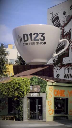 Coffee Mug Emerges From Roof in a fake-out-of-home ad of D123 Coffee Shop