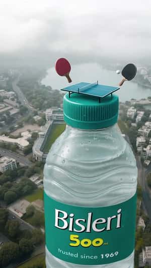 Table Tennis Court on Top of Giant Bottle in a fake-out-of-home ad of Bisleri