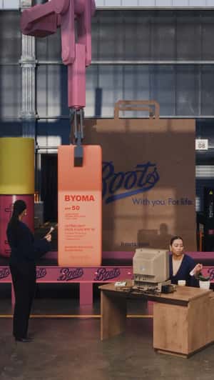 Giant Beauty Products Packed Into Giant Bag in a fake-out-of-home ad of Boots