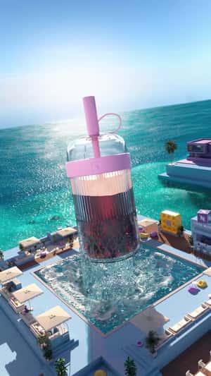 Giant Iced Tumbler Emerges From Pool in a fake-out-of-home ad of Nespresso