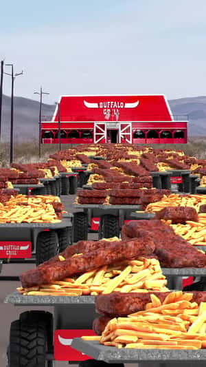 Giant Fries and Ribs on Carts in a fake-out-of-home ad of Buffalo Grill