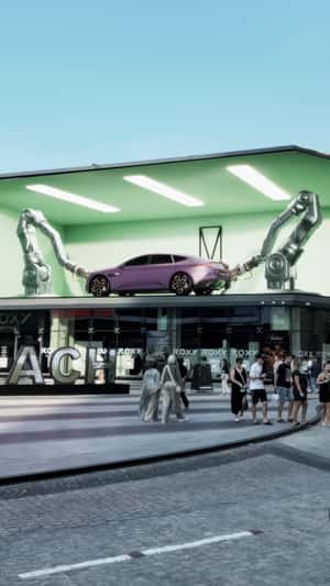 Purple Car Emerges From Billboard in a fake-out-of-home ad of Avatr