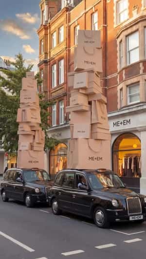 Towering Stack of Shopping Bags on Car Roofs in a fake-out-of-home ad of ME+EM