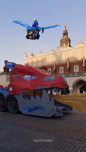 Giant Hot Wheels Dragon Flies Above City in a fake-out-of-home ad of Mattel