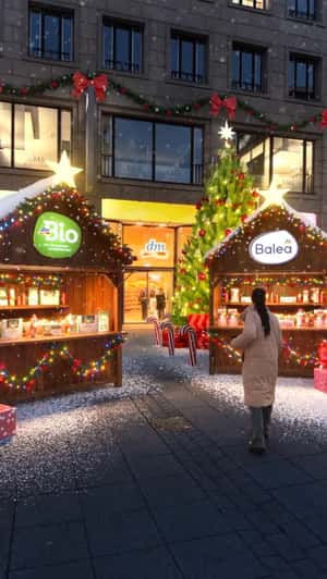 Christmas Pop-Up Huts Open Outside Store in a fake-out-of-home ad of DM